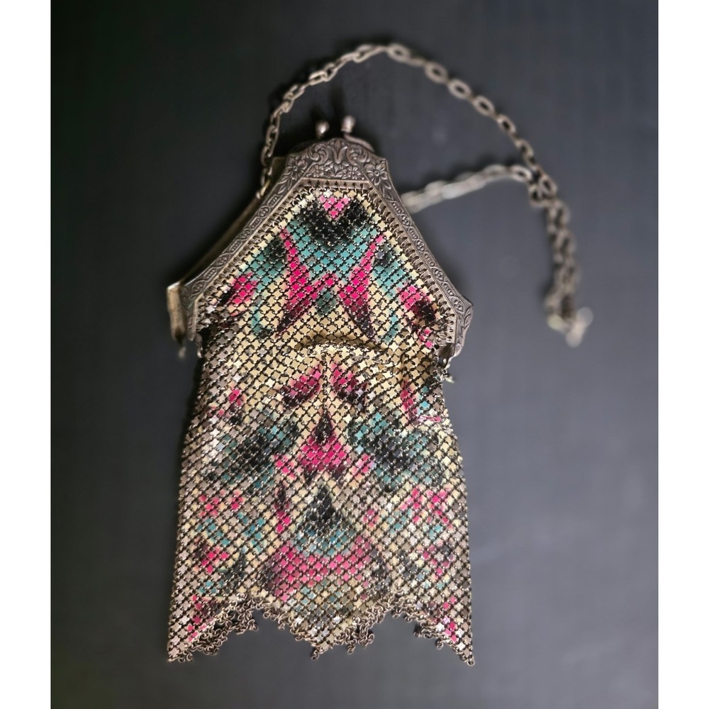 Vintage Art Deco Multicolor Metal Mesh Floral Coin Purse with Chain for Women